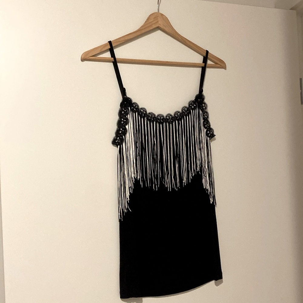 Anna Sui for INC International Concepts. Black fringe tank top. Size small.